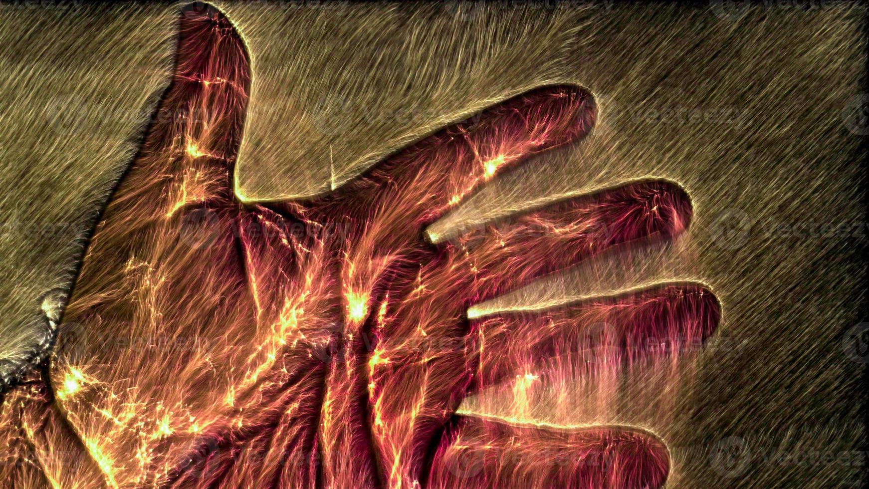 3D-Illustration of a glowing human male hand with a kirlian aura showing symbols photo
