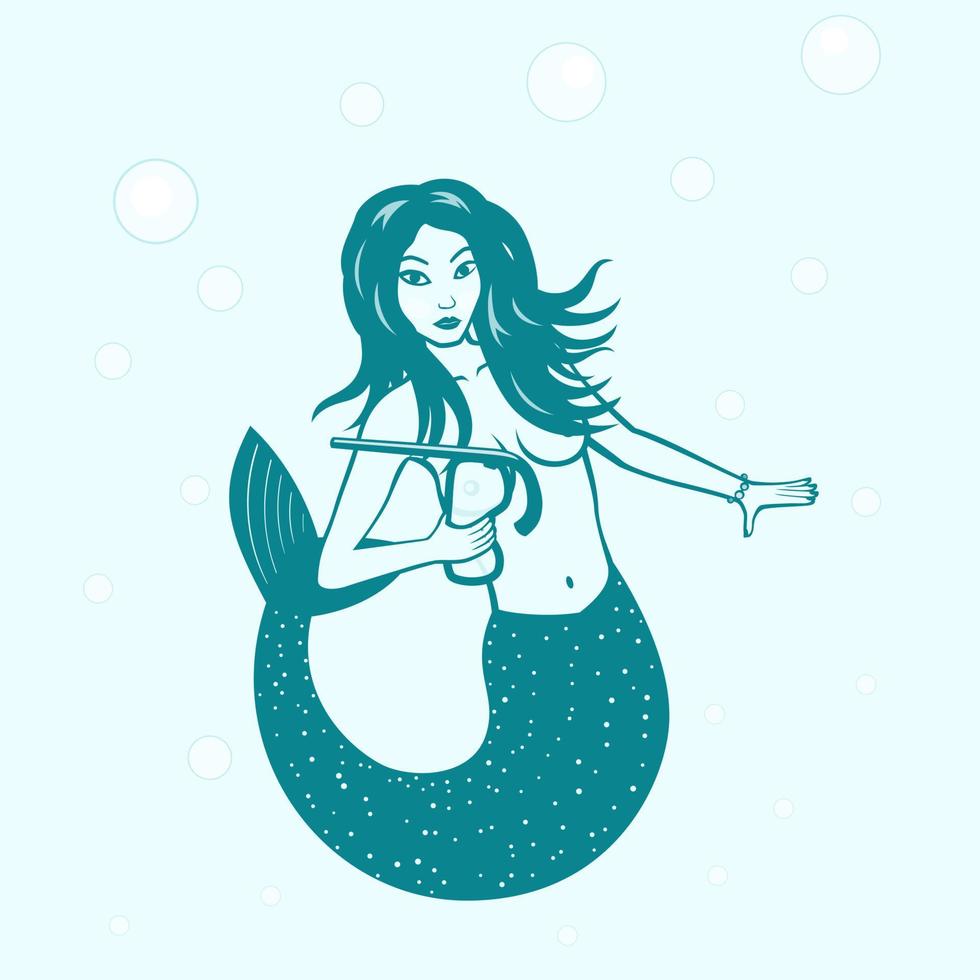 sirena con máscara de buceo en la mano, ilustración vectorial vector