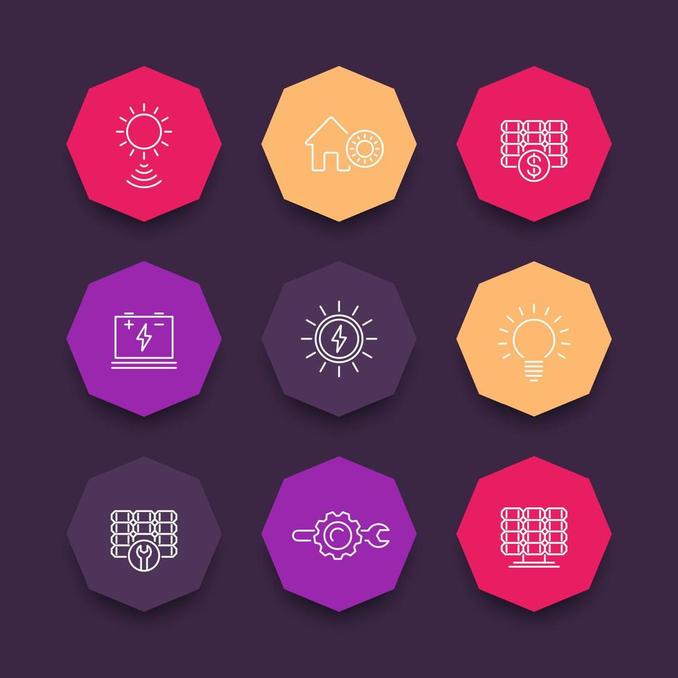 Solar energy line icons, solar panels, plant, pictograms, octagon icons set, vector illustration