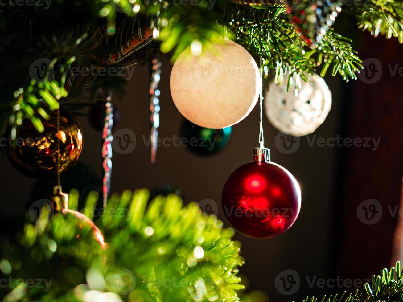 Christmas tree balls. Beautiful bokeh. Festive mood. photo