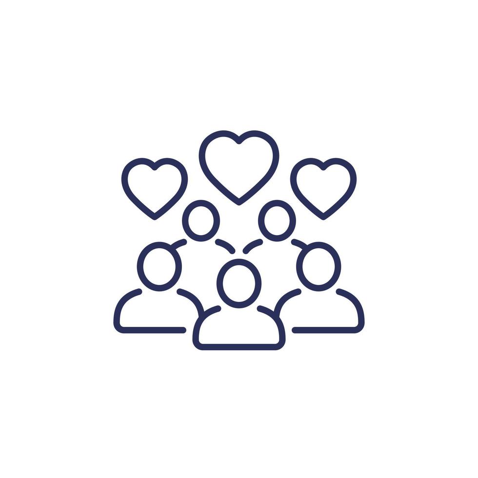 icono de línea comunitaria con personas y corazones vector