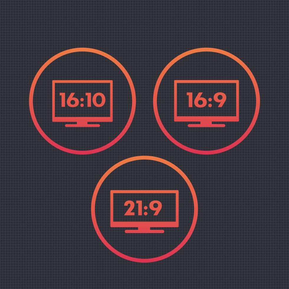 Aspect ratio icons, symbols, 16 9, 16 10, 21 9, widescreen tv, monitors vector