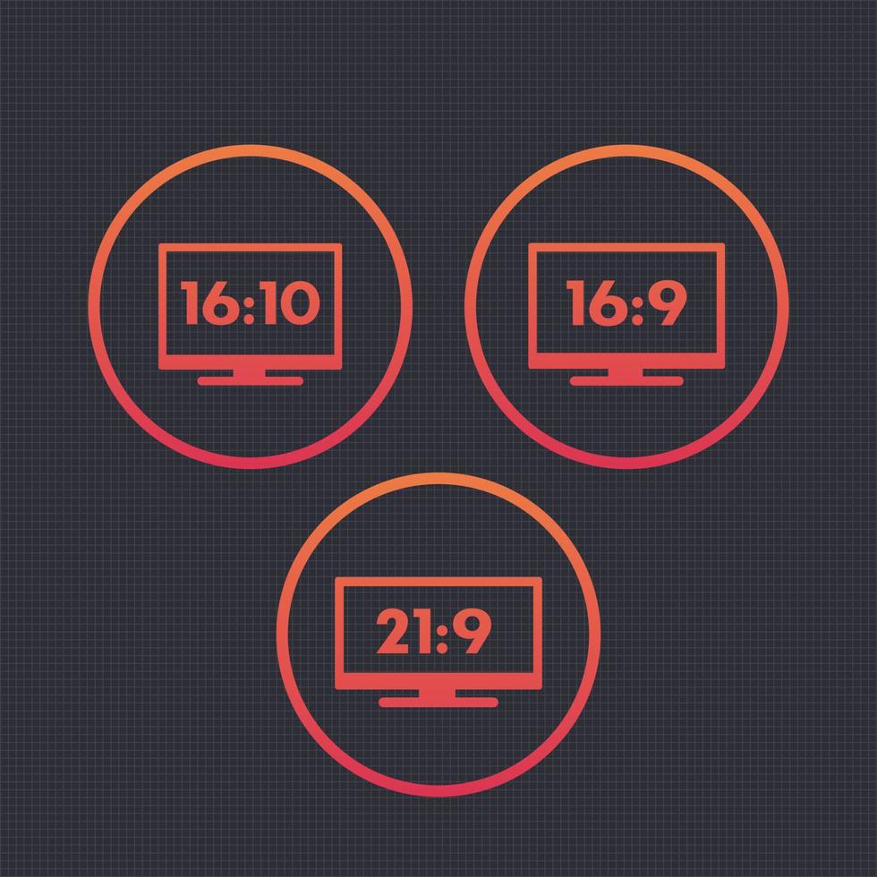 Aspect ratio icons, symbols, 16 9, 16 10, 21 9, widescreen tv, monitors vector