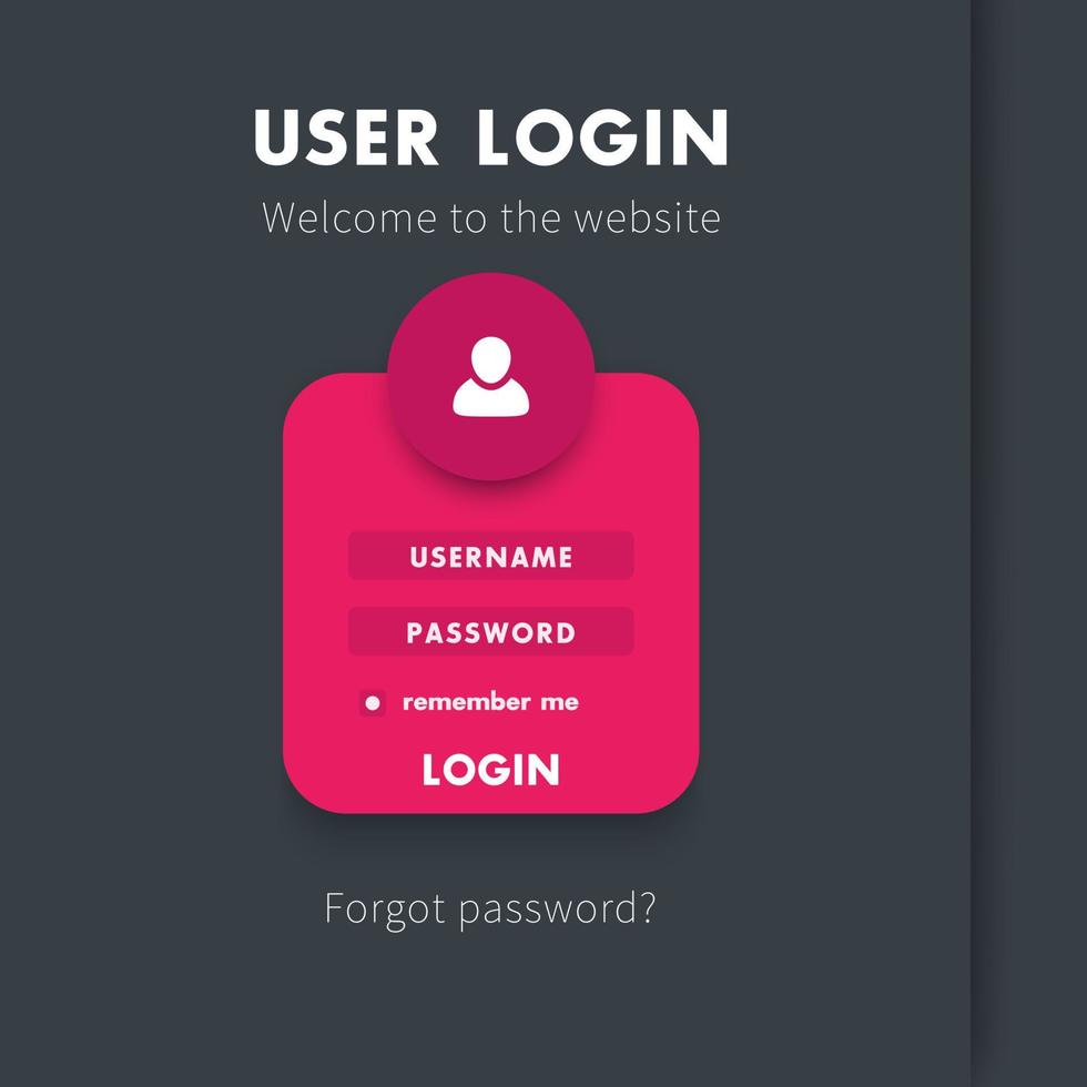 User Login window concept, login page for website in red and dark gray, vector illustration