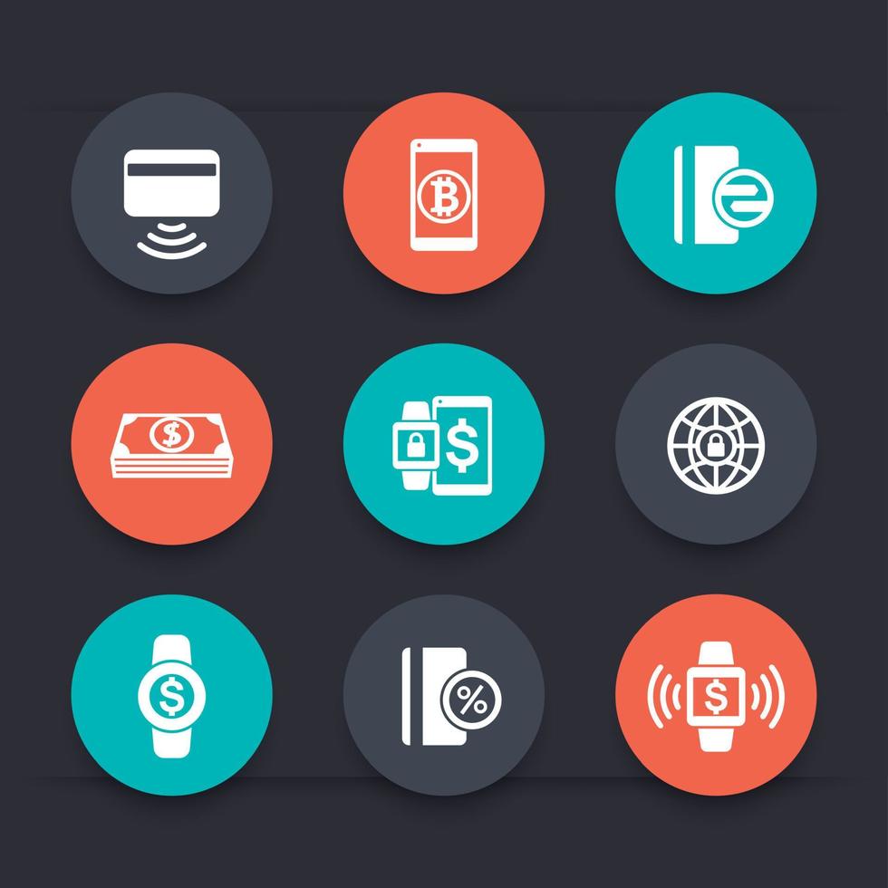 modern payment methods round icons, payment with wearable devices, vector illustration