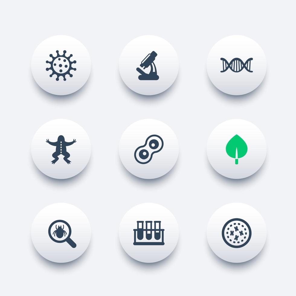 Biology icons set, virus, cell division, microscope, test-tubes, microbe, microorganism vector