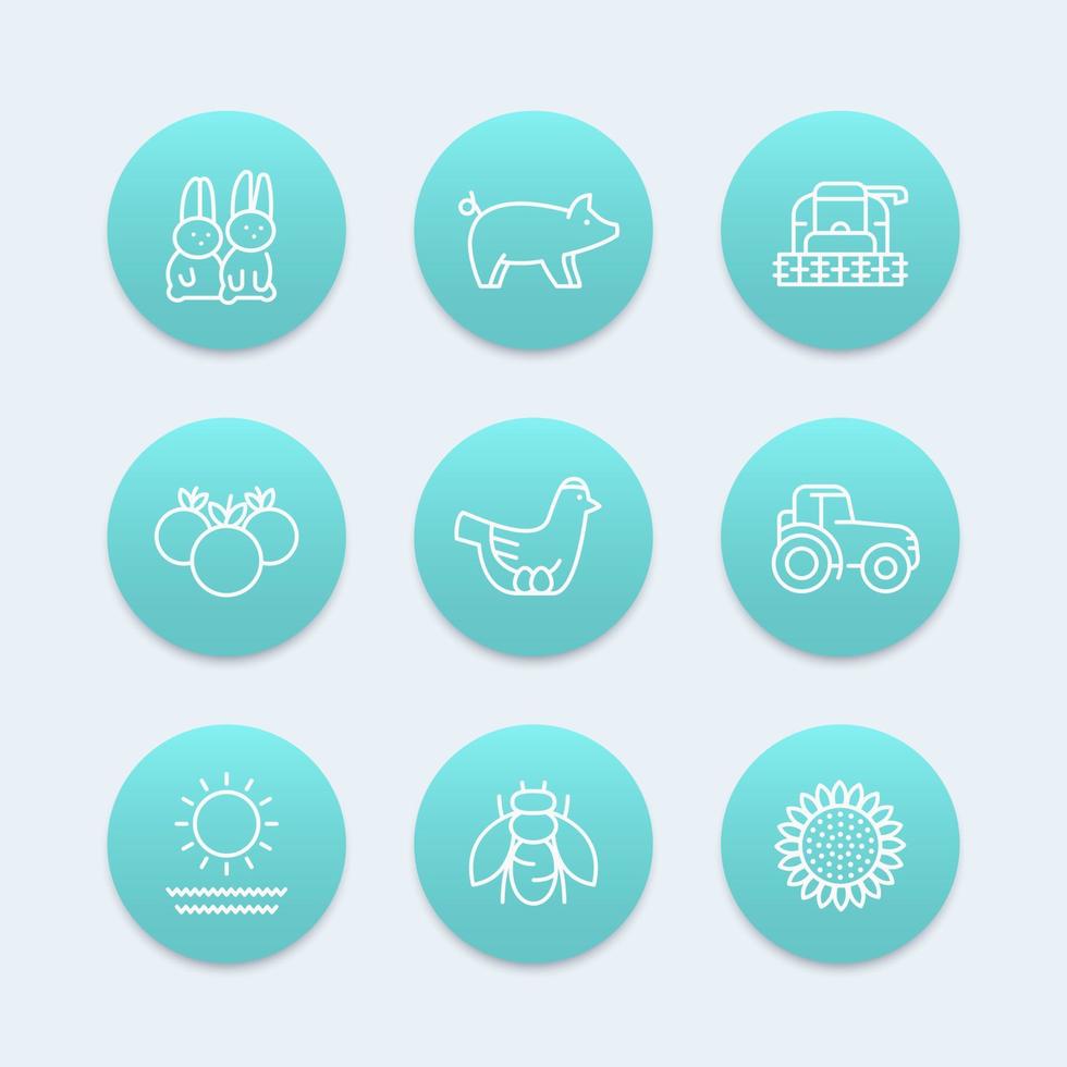 Farm, ranch line icons, hen, pig, crop, vegetables, sunflower, harvester, agrimotor vector