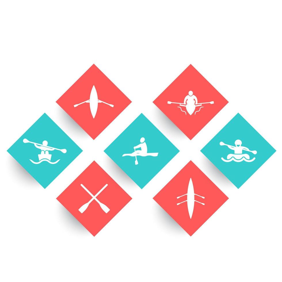 Rowing, kayak, canoe, boat, rafting, oars rhombic icons on white, vector illustration