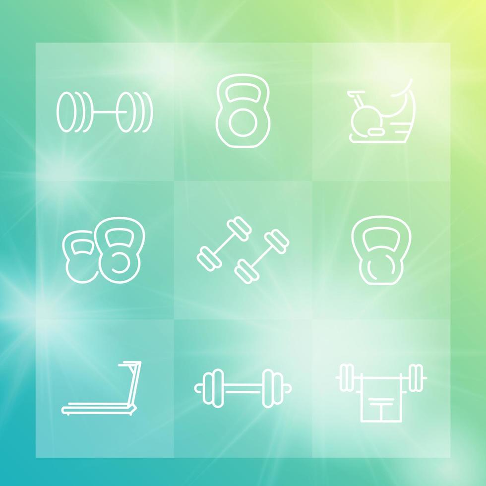 conjunto de iconos de línea de equipo de gimnasio, entrenamiento, fitness, entrenamiento, ejercicio vector