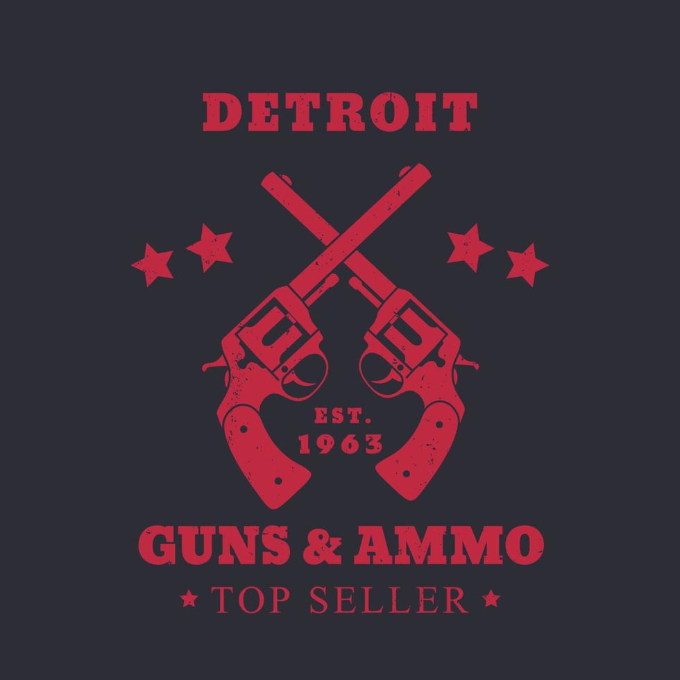 Detroit guns and ammo sign, emblem with two revolvers, red on dark, vector illustration