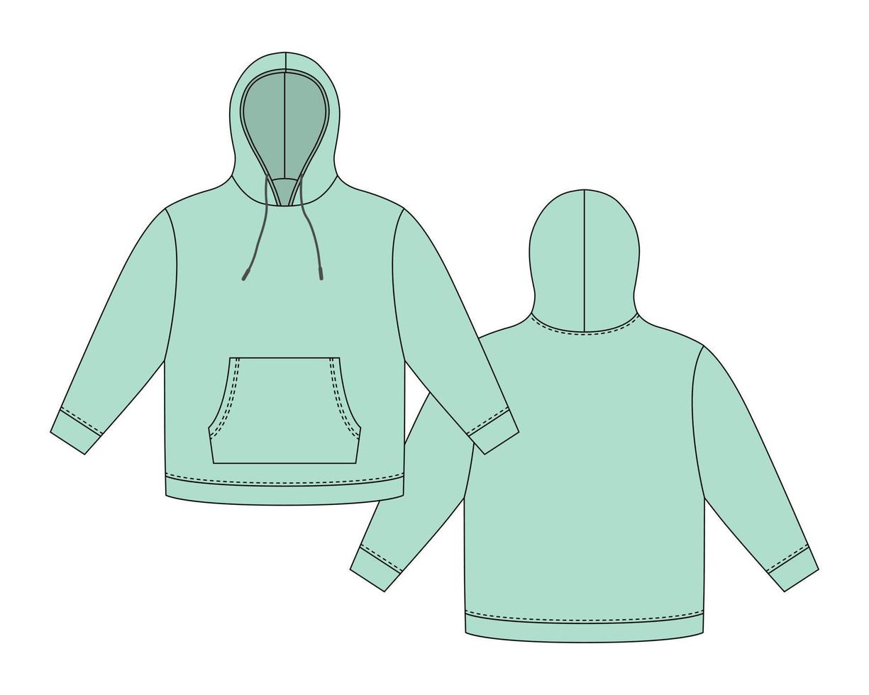 Hoodie template in light mint color. Apparel hoody technical sketch mockup. vector