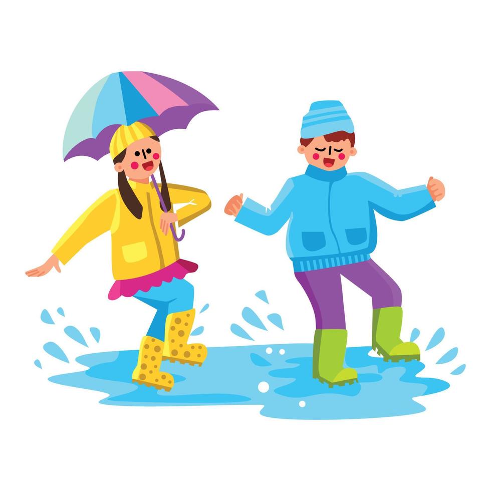Children Jumping In Puddle With Splash Vector