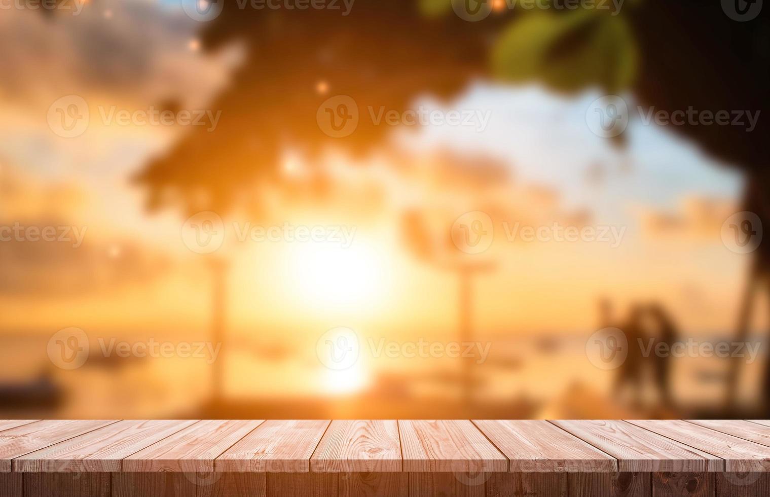 Wood table top and blur glass window For montage product display photo