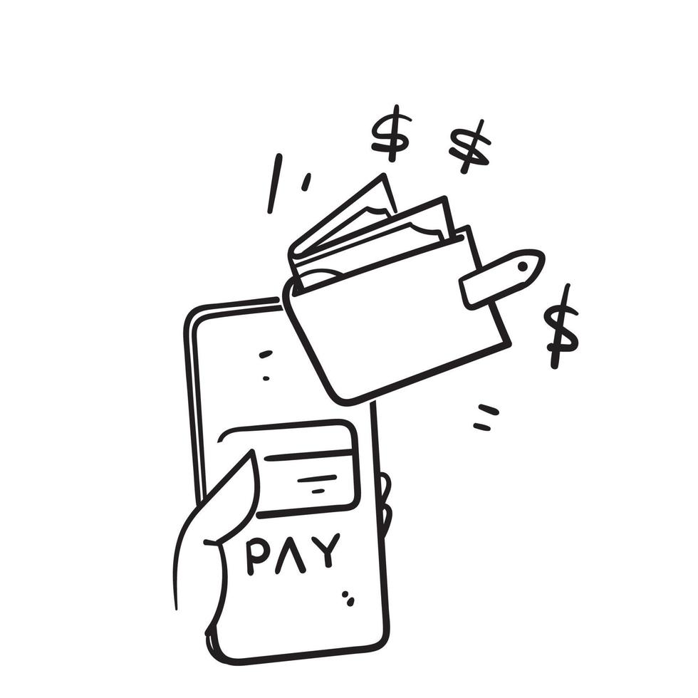 hand drawn doodle mobile payment with smartphone illustration vector isolated