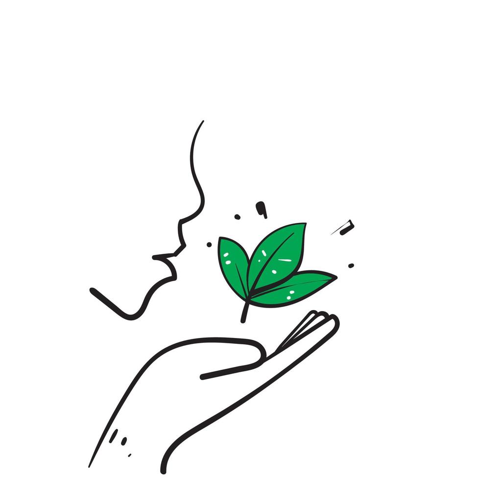 hand drawn doodle hand holding leaf symbol for eco illustration symbol vector