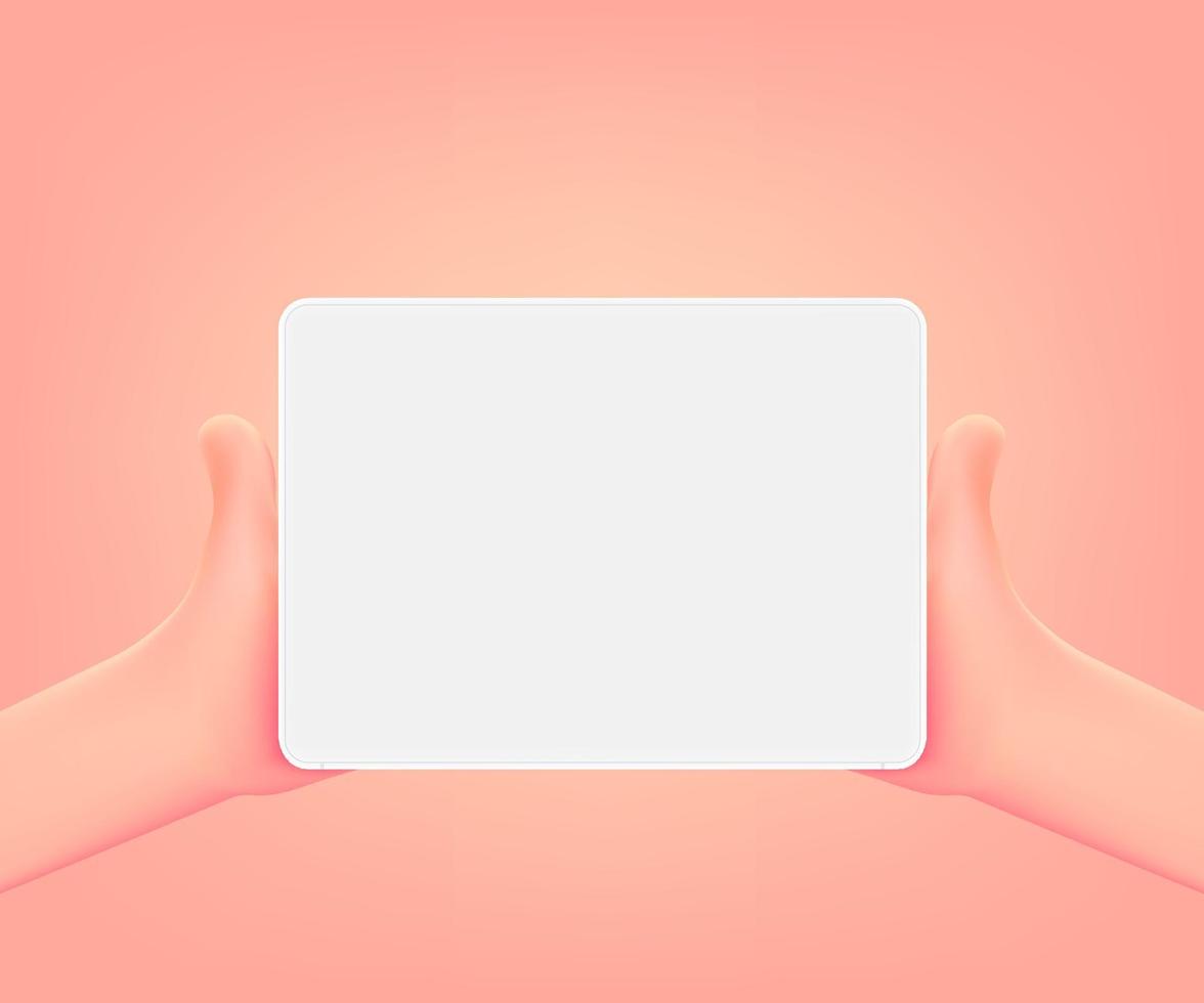 Tablet gadget with blank screen in comic hands. 3d vector mockup