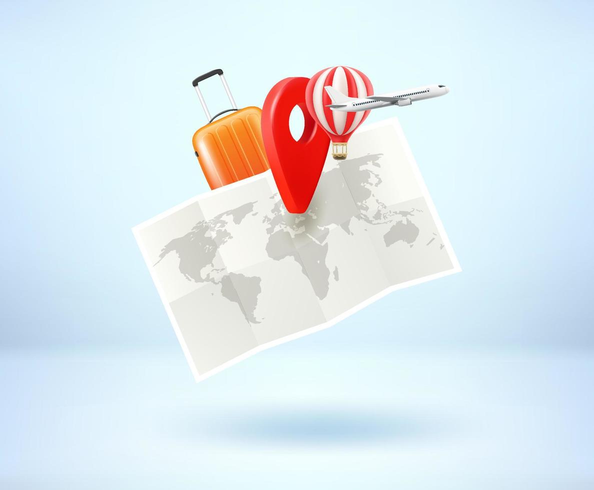Travel concept with paper map. 3d vector illustration