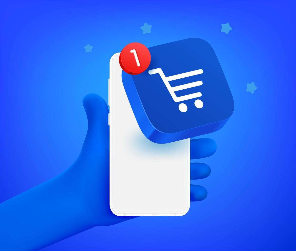 Comic hand with smartphone with shopping app. 3d vector illustration