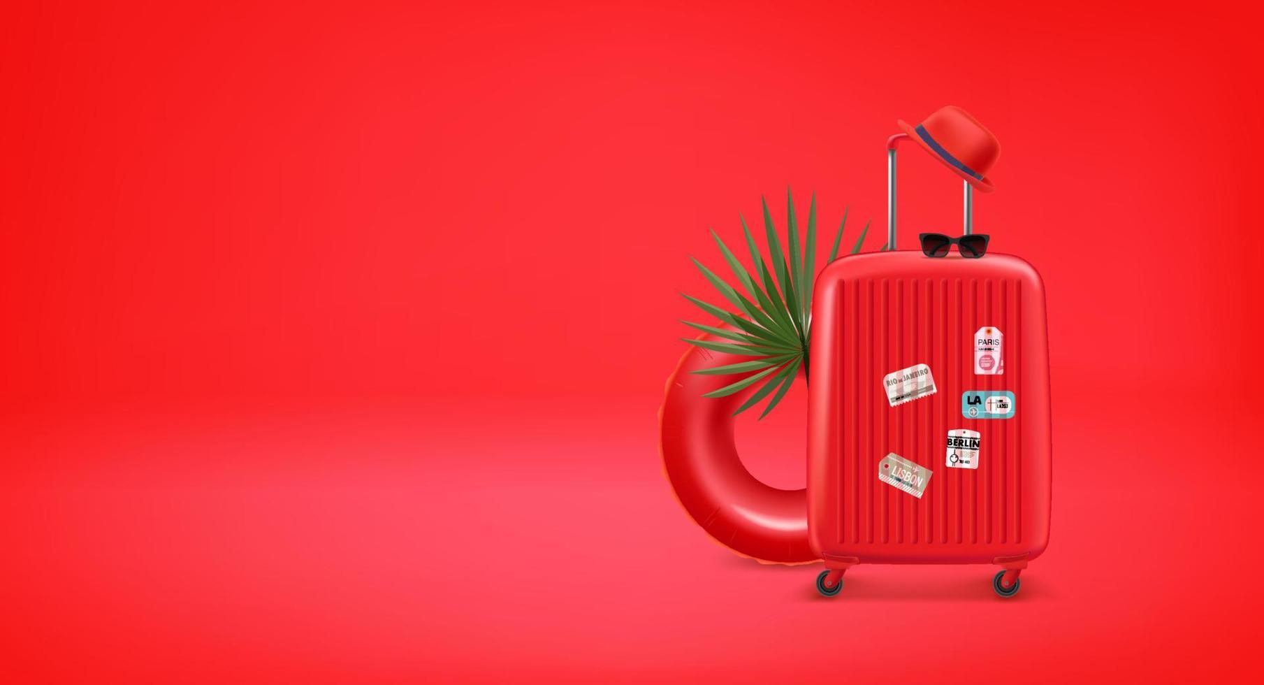 Red travel suitcase with stamps and red floater, sunglasses and red hat. 3d vector banner with copy space