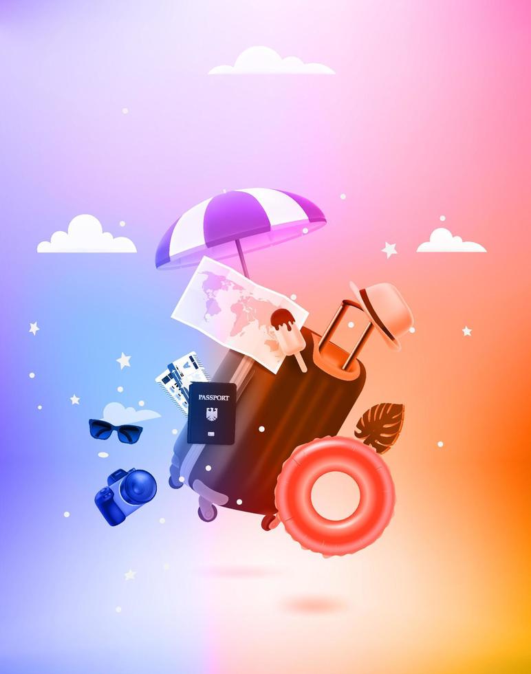 Summer travel stuff with Levitation effect. 3d vector illustration