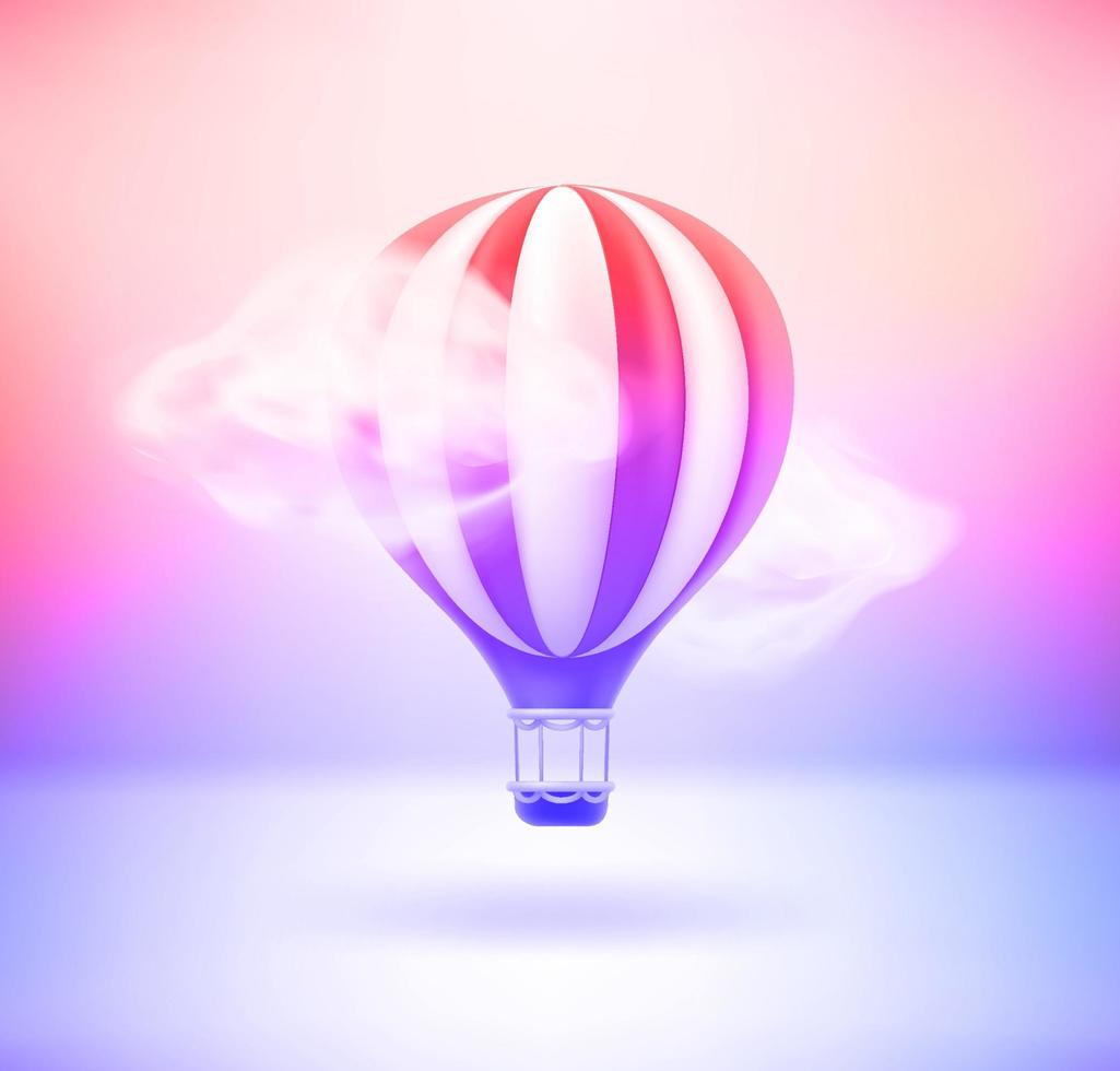 Air balloon and clouds with holographic effect. 3d vector illustration