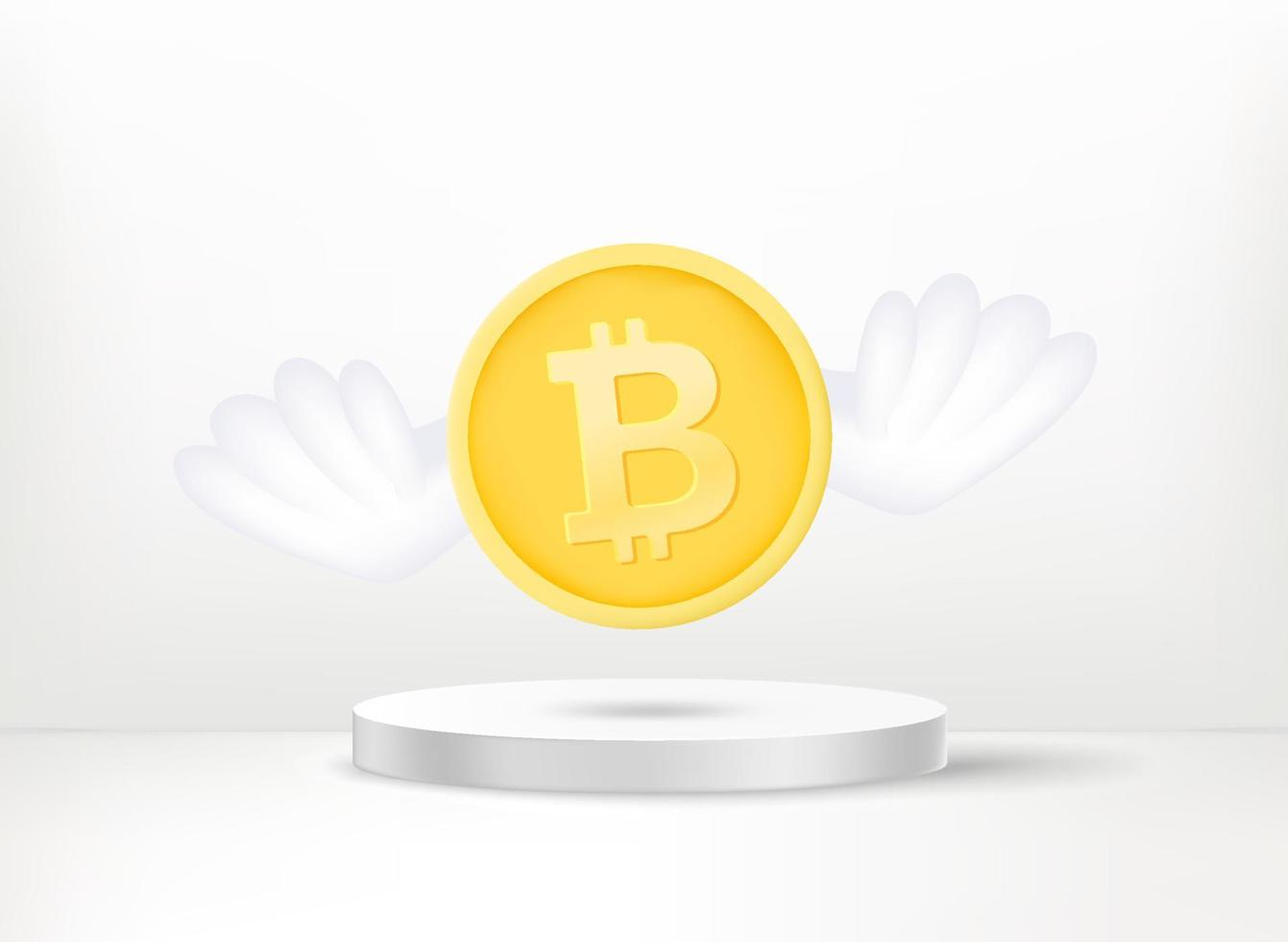 Flying bitcoin coins with the wings above the stage. 3d vector concept