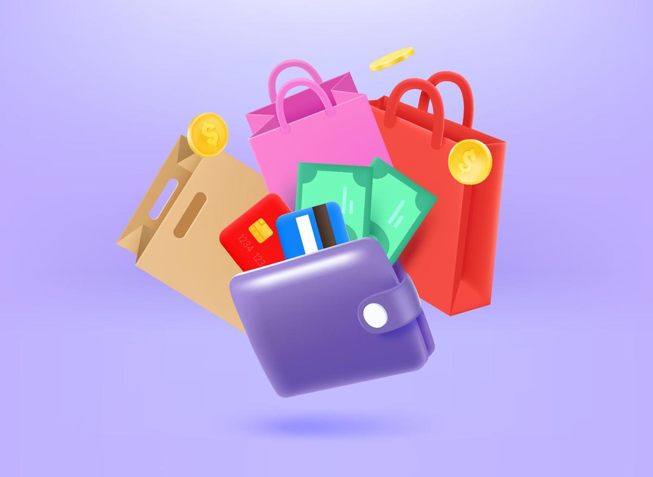 Shopping concept with wallet, bags, cards and banknotes. 3d vector illustration