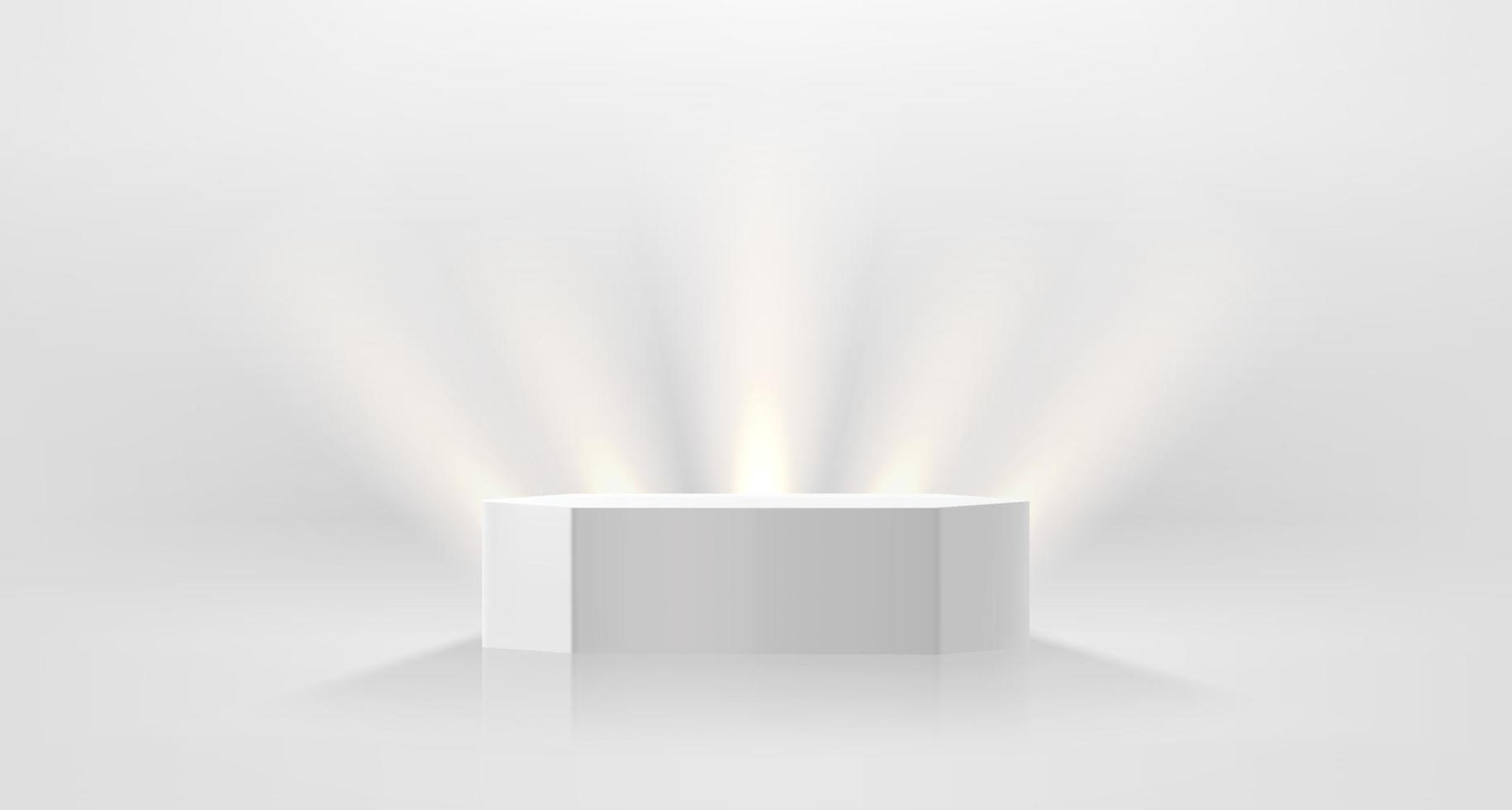 Illuminated white interior with bright spotlights and podium. Showcase for a product. 3d vector illustration