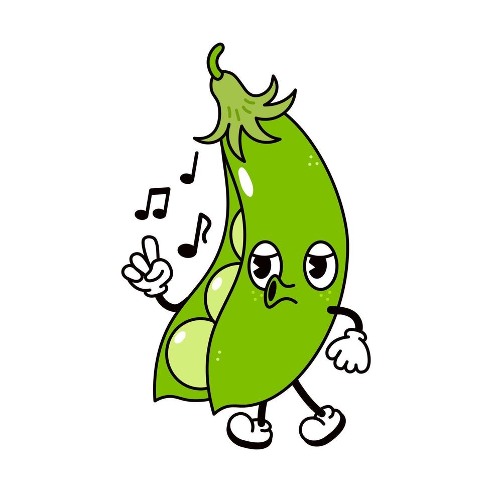 Cute funny peas walking singing character. Vector hand drawn traditional cartoon vintage, retro, kawaii character illustration icon. Isolated on white background. Peas pod walk and sing character