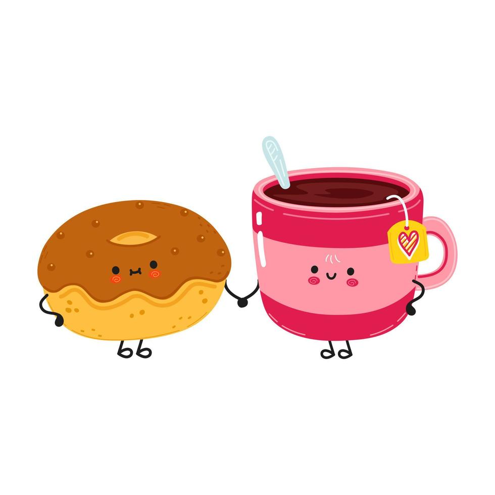 Cute happy cup of tea chocolate donut card. Vector hand drawn doodle style cartoon character illustration icon design. Happy cup of tea and chocolate donut friends concept card