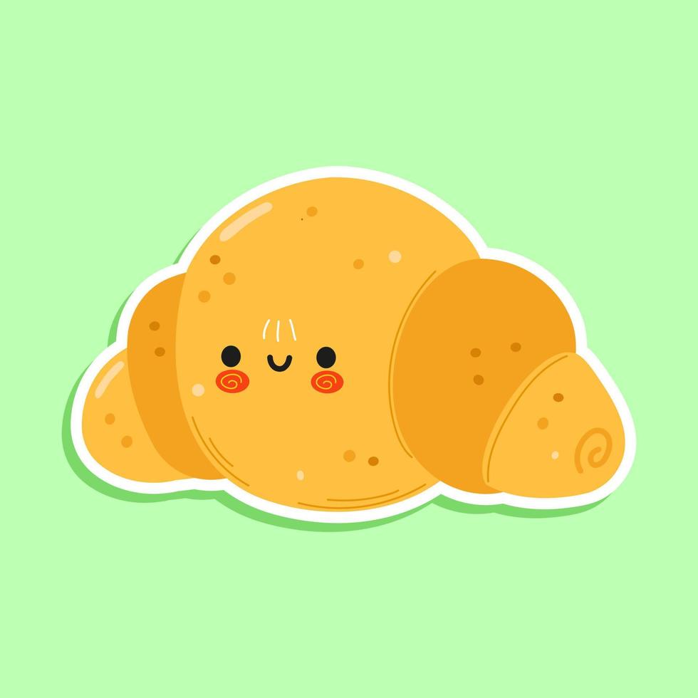 Cute funny croissant sticker character. Vector hand drawn cartoon kawaii character illustration icon. Isolated on white background. Croissant character concept