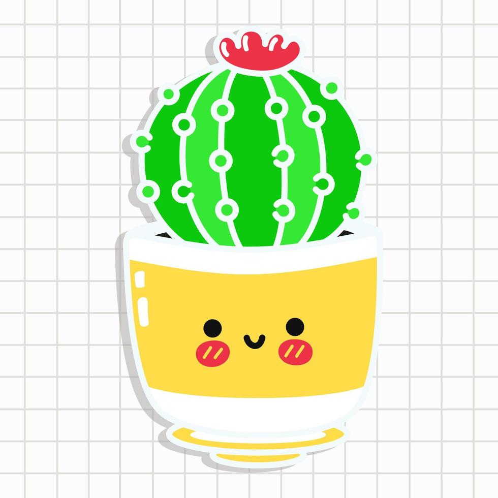 Funny cute happy cactus characters sticker. Vector kawaii line cartoon style illustration. Cute cactus sticker