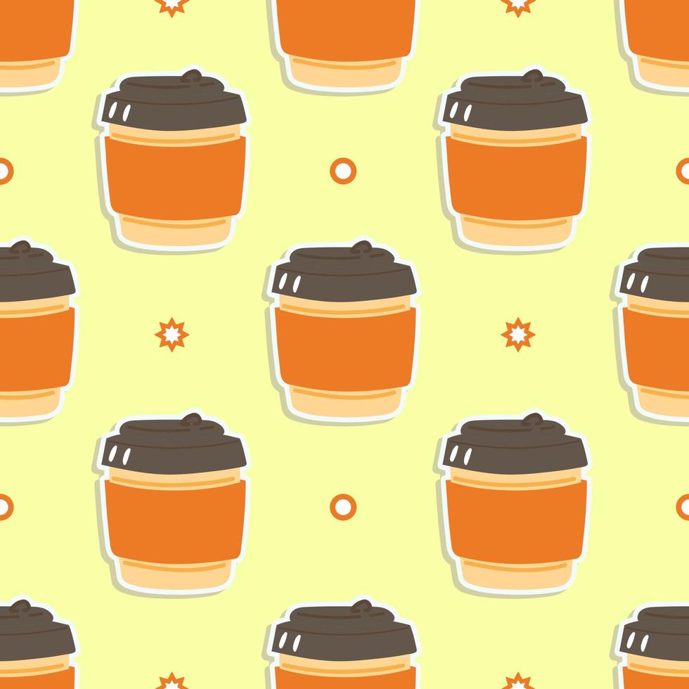 Funny cute happy coffee paper cup pattern characters. Vector kawaii line cartoon style illustration. Cute coffee paper cup pattern
