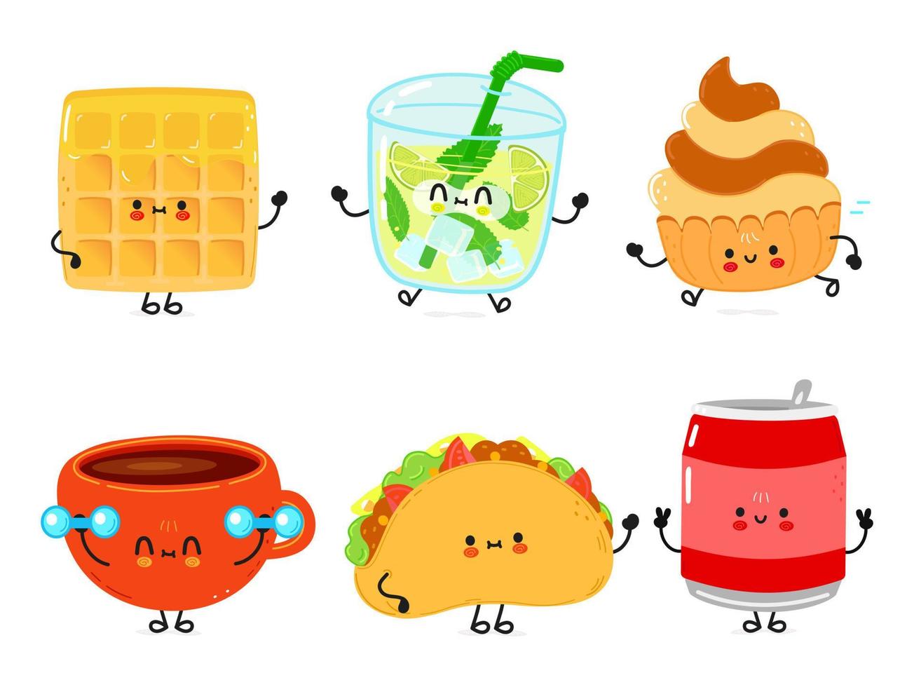 Funny happy fast food characters set. Vector hand drawn cartoon kawaii character illustration. Isolated white background. Cute wafer, mojito, cake, coffee cup, coffee cup, can of cola