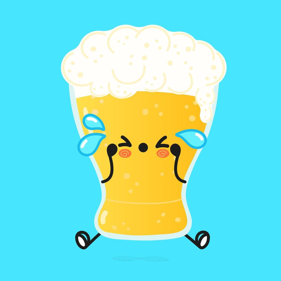 Cute sad glass of beer character. Vector hand drawn cartoon kawaii character illustration icon. Isolated on blue background. Sad glass of beer character concept