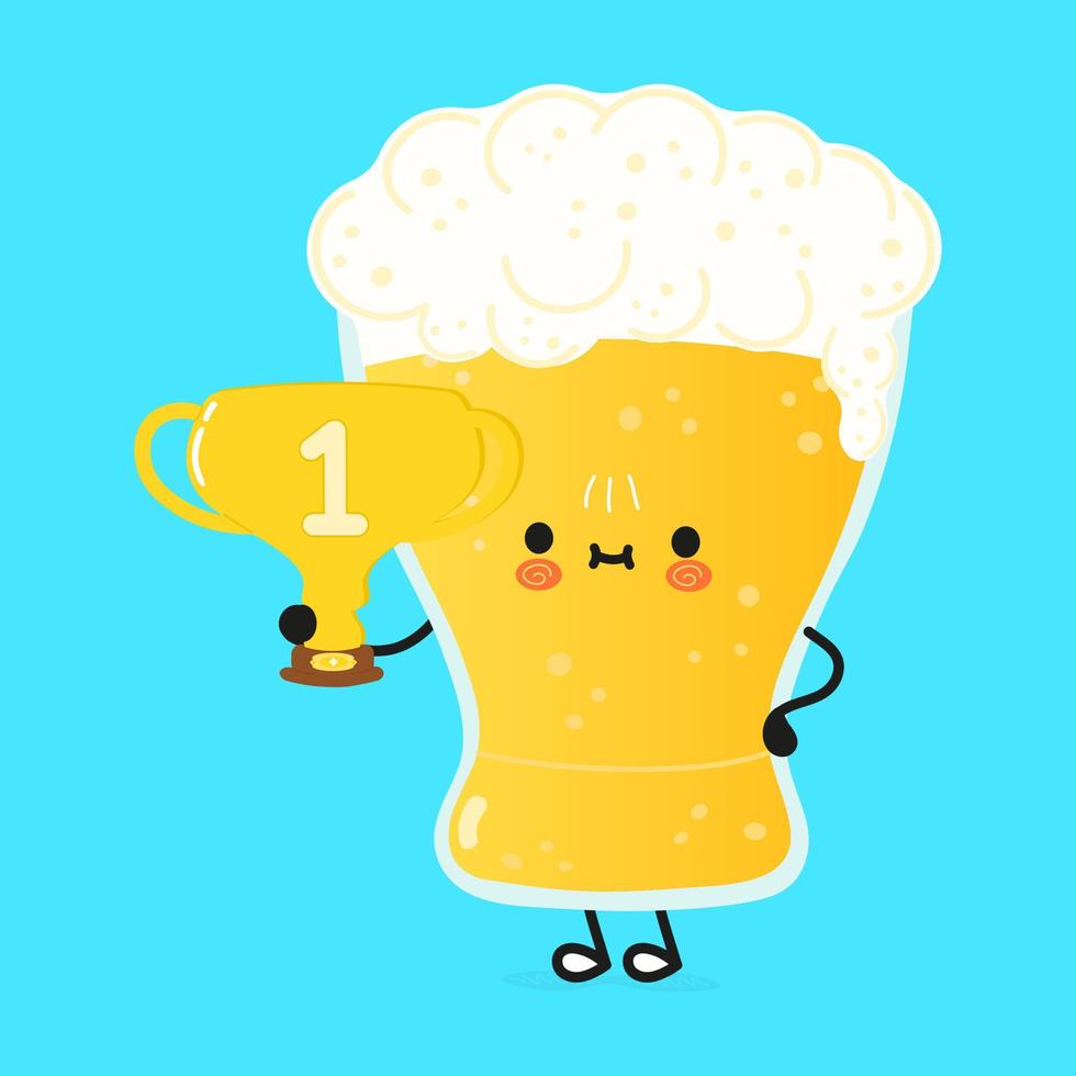 Cute funny glass of beer hold gold trophy cup. Vector hand drawn cartoon kawaii character illustration icon. Isolated on white background. Glass of beer with winner trophy cup