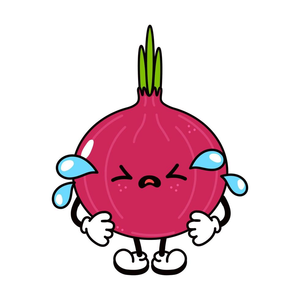 Cute funny crying sad red onion character. Vector hand drawn traditional cartoon vintage, retro, kawaii character illustration icon. Isolated on white background. Cry onion character concept