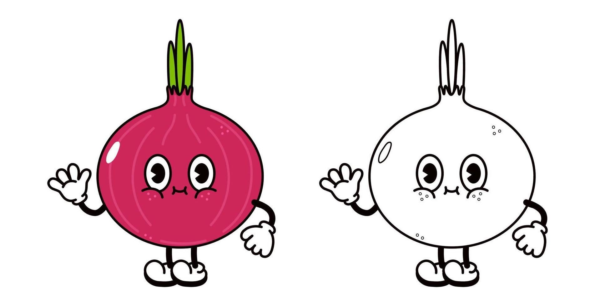 Cute funny onion waving hand character outline cartoon illustration for  coloring book. Vector hand drawn traditional cartoon vintage, retro, kawaii  character. Isolated on white background 8007565 Vector Art at Vecteezy
