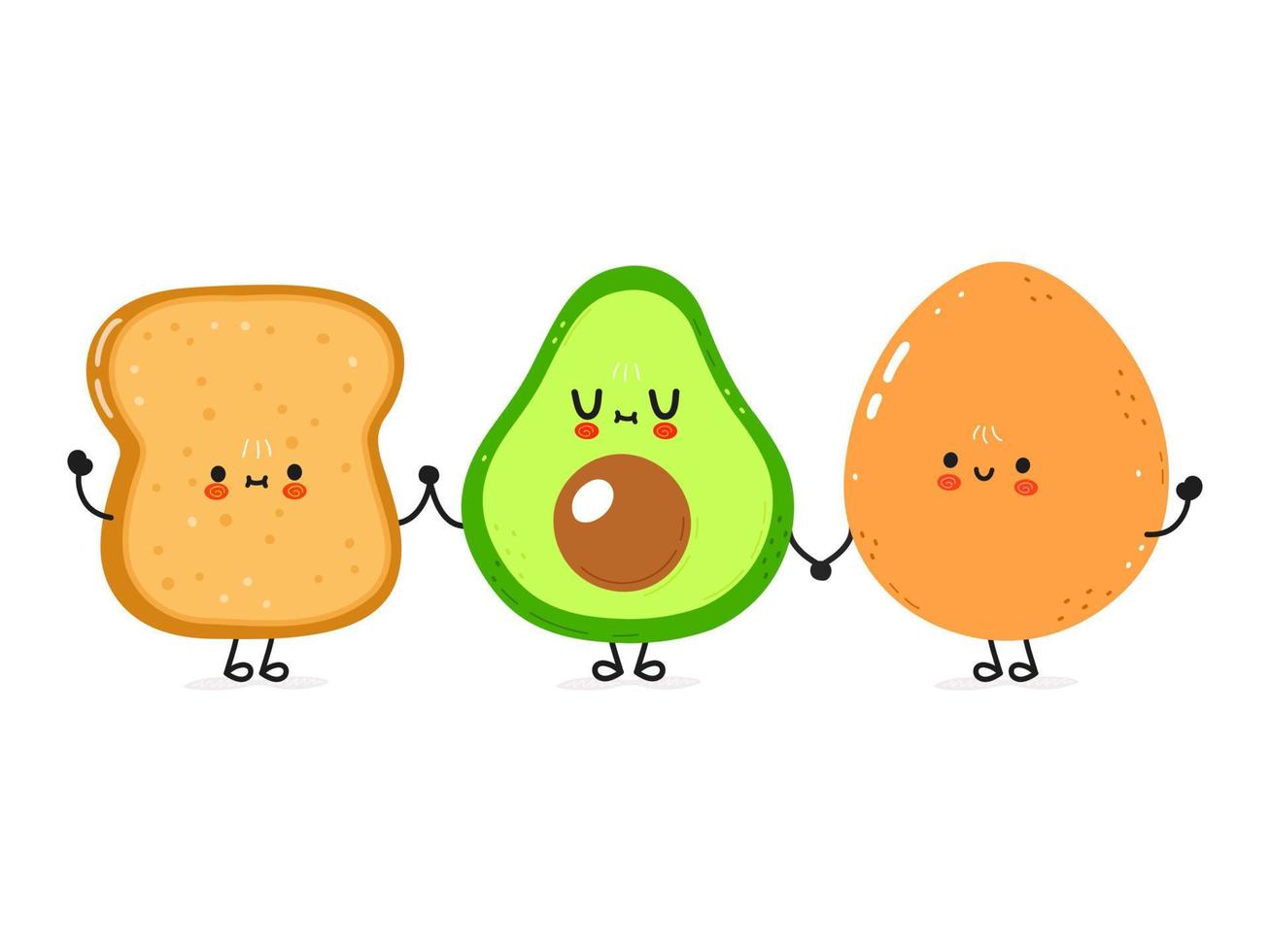 Cute happy toast, avocado and egg card. Vector hand drawn doodle style cartoon character illustration icon design. Happy bread avocado and egg friends concept card