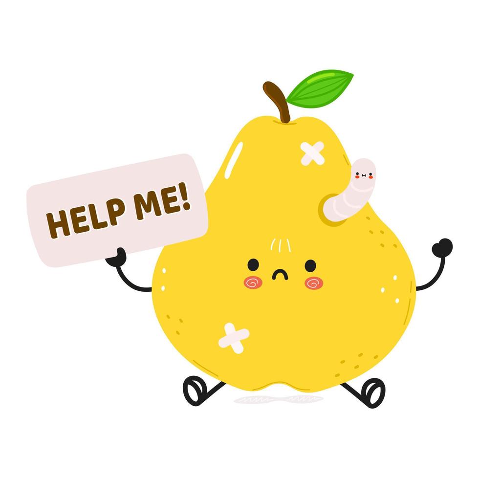 Cute sad sick pear asks for help character. Vector hand drawn cartoon kawaii character illustration icon. Isolated on white background. Suffering unhealthy yellow pear character concept