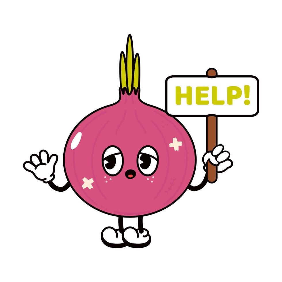 Sad suffering sick cute red onion asks for help character. Vector flat cartoon illustration icon design. Isolated on white backgound. Suffering unhealthy red onion character concept