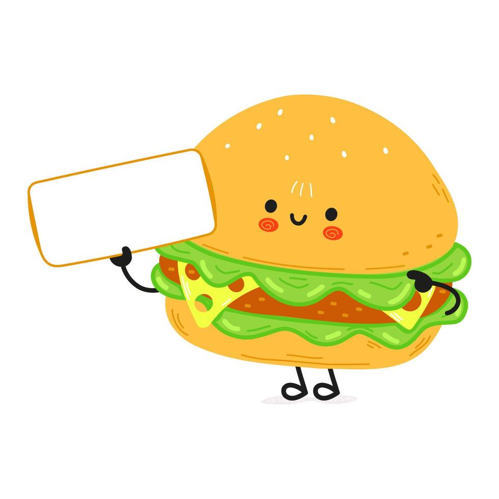 Cute funny hamburger with poster character. Vector hand drawn cartoon kawaii character illustration icon. Isolated on white background. Hamburger character concept