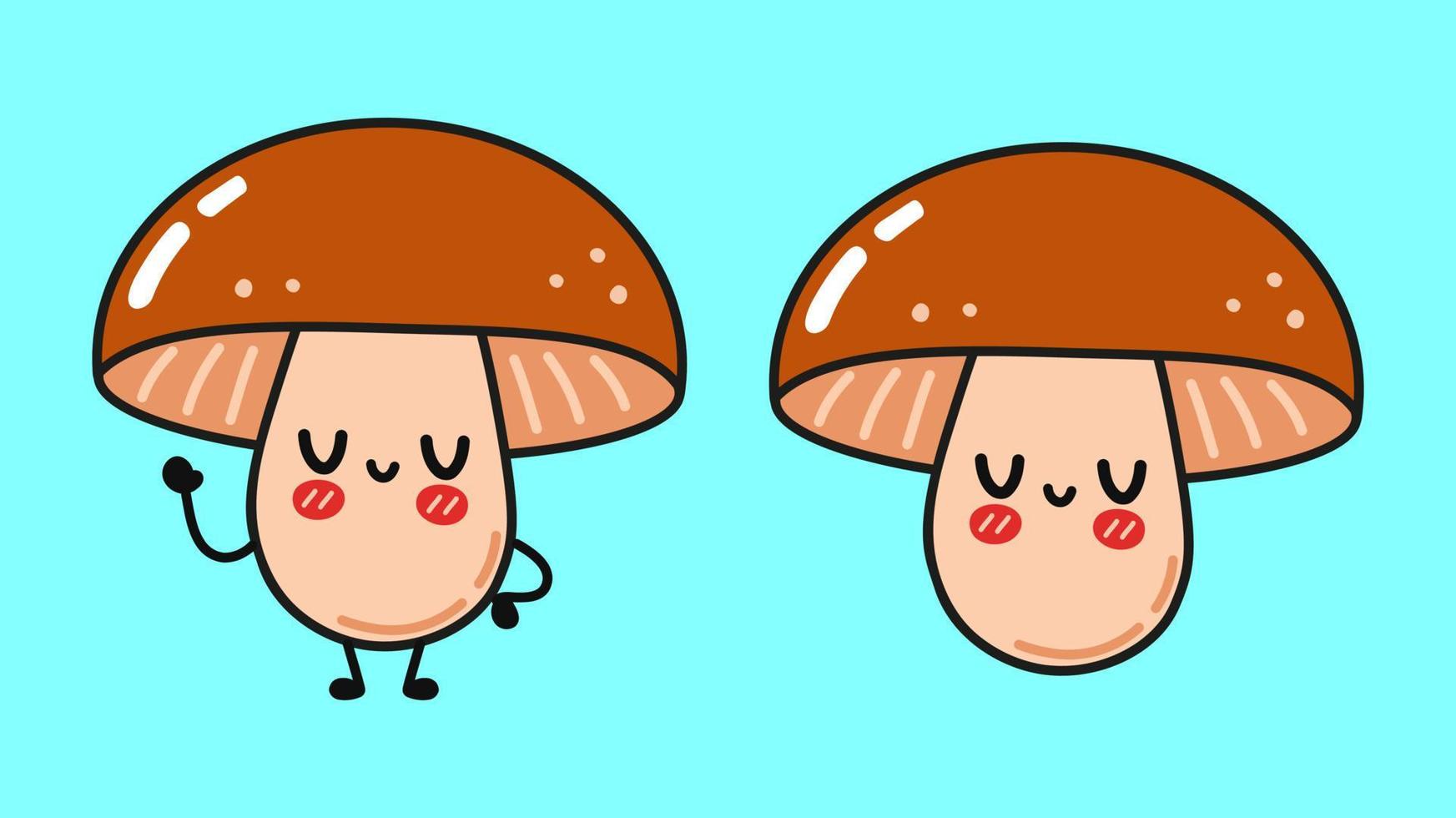 Funny cute happy Mushroom characters bundle set. Vector kawaii line cartoon style illustration.