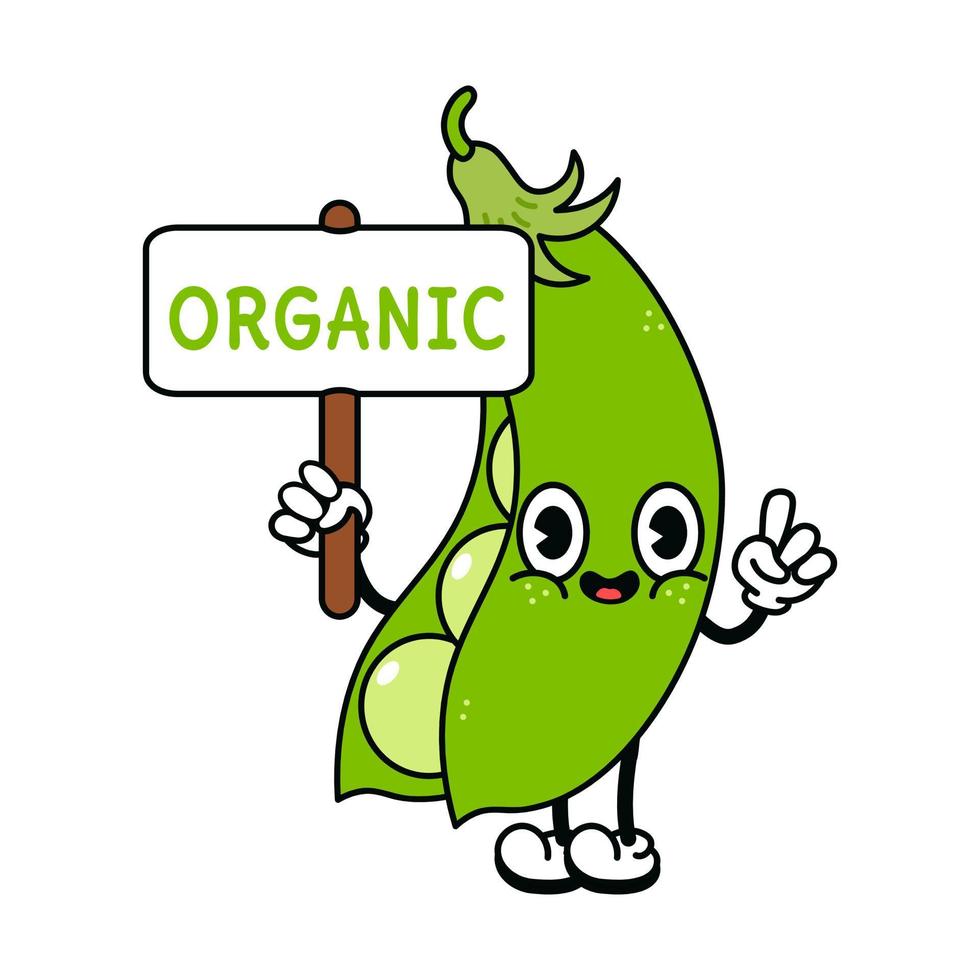 Cute funny peas with an inscription organic character. Vector hand drawn traditional cartoon vintage, retro, kawaii character illustration icon. Isolated white background. Peas pod character