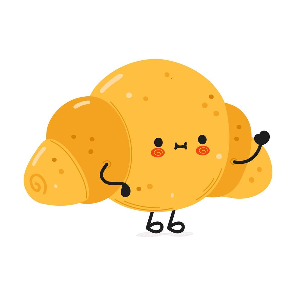 Cute funny croissant waving hand character. Vector hand drawn cartoon kawaii character illustration icon. Isolated on white background. Croissant character concept