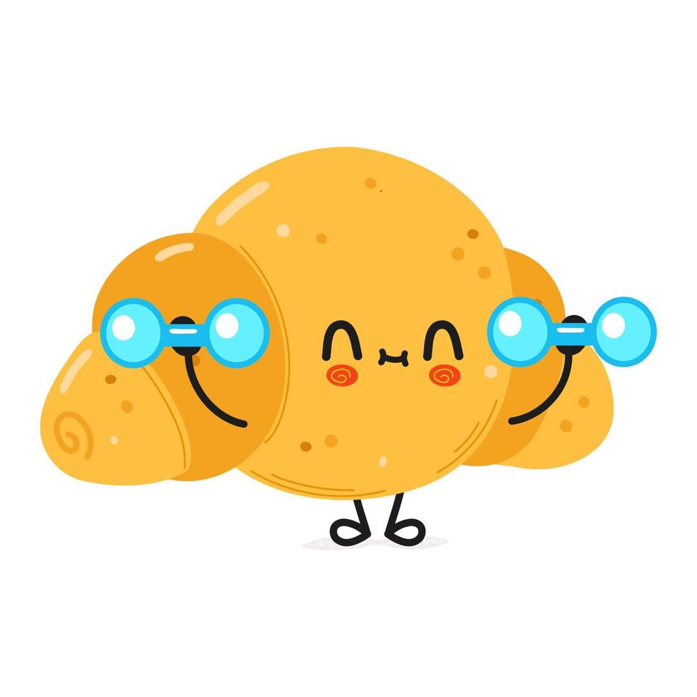 lindo personaje de croissant divertido con pesas. icono de ilustración de personaje kawaii de dibujos animados dibujados a mano vectorial. aislado sobre fondo blanco. concepto de gimnasio de carácter croissant vector