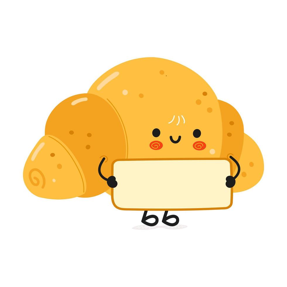 lindo y divertido personaje de cartel de croissant. ilustración de personaje kawaii de dibujos animados dibujados a mano vectorial. fondo blanco aislado. cartel de croissant vector