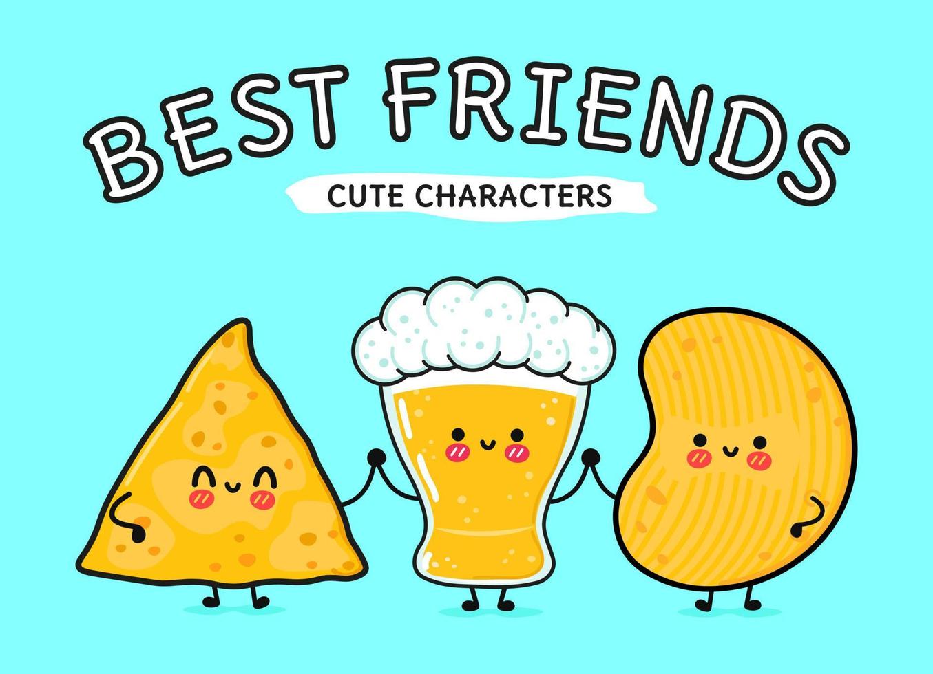 Cute, funny happy glass of beer, nachos and chips. Vector hand drawn cartoon kawaii characters, illustration icon. Funny happy cartoon glass of beer nachos chips mascot friends emoji,child,baby,face