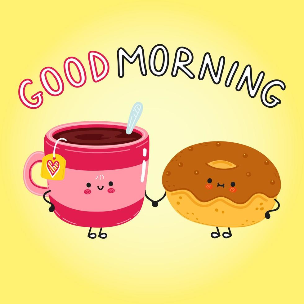 Cute happy cup of tea chocolate donut card. Vector hand drawn doodle style cartoon character illustration icon design. Happy cup of tea and chocolate donut friends concept card