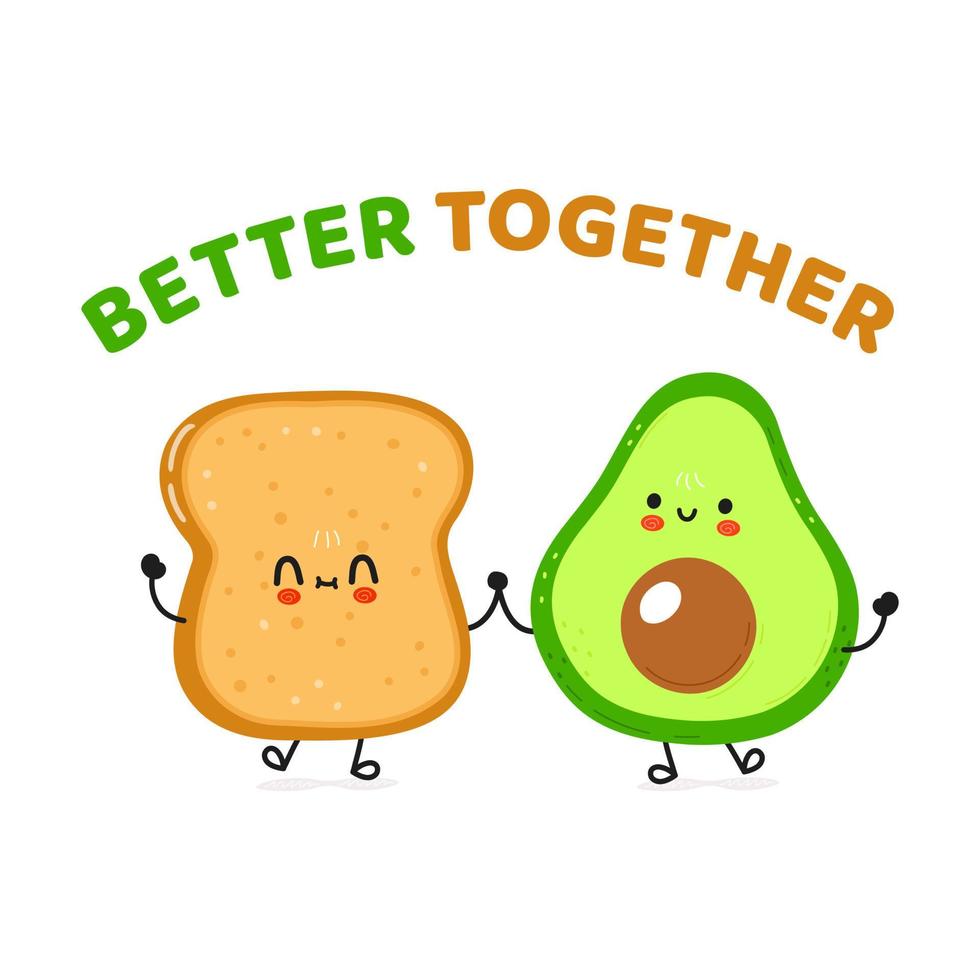 Cute happy toast and avocado card. Vector hand drawn doodle style cartoon character illustration icon design. Happy bread and avocado friends concept card